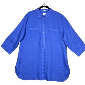NEW Chico's No-Iron Linen Button Up Top Size L (2)  Blue Lagenlook Quiet‎ Luxury